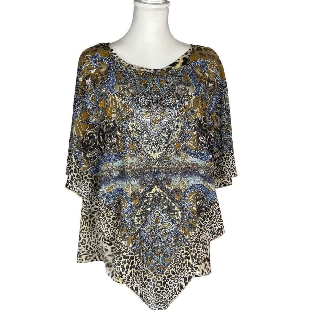 B.L.E.U. Boho‎ Rhinestone Embellished Paisley Leopard Tunic Handkerchief Hem XL